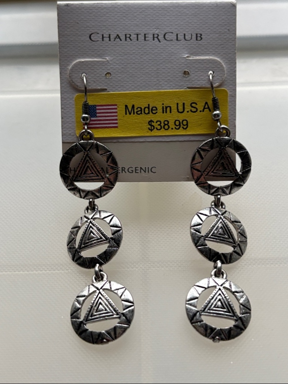 🟦NWT Charter Club, Macy’s Triple Circles W/Triangles, Drop/Dangle Earrings